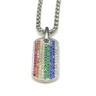 Collier pendentif dog tag de gemmes multicolores pavé