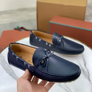 Navy Beige Pebbled Leather Decorative Bow Boat Shoes