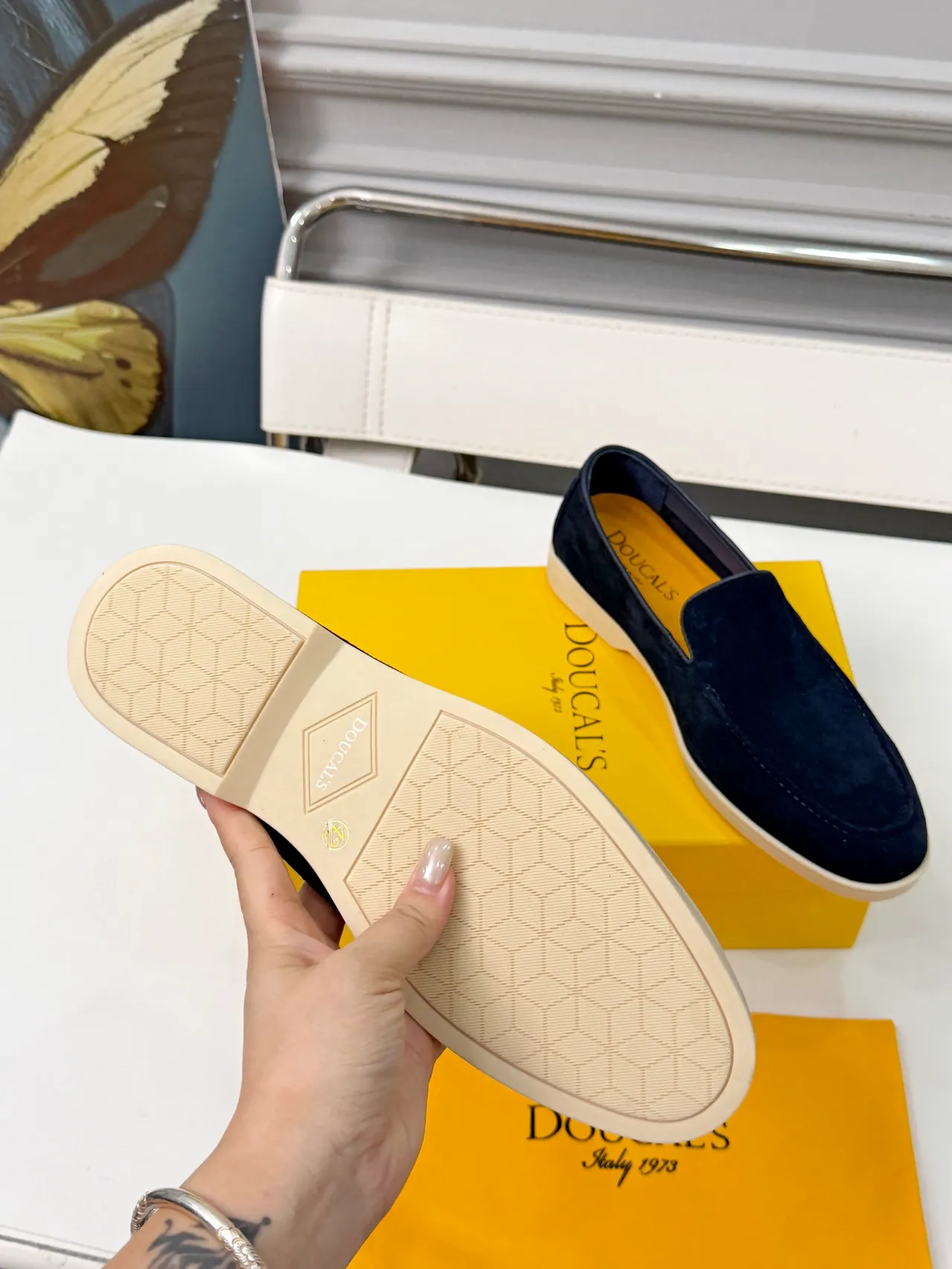 Navy Yellow Suede Upper Moc-Toe Stitching Loafer 2