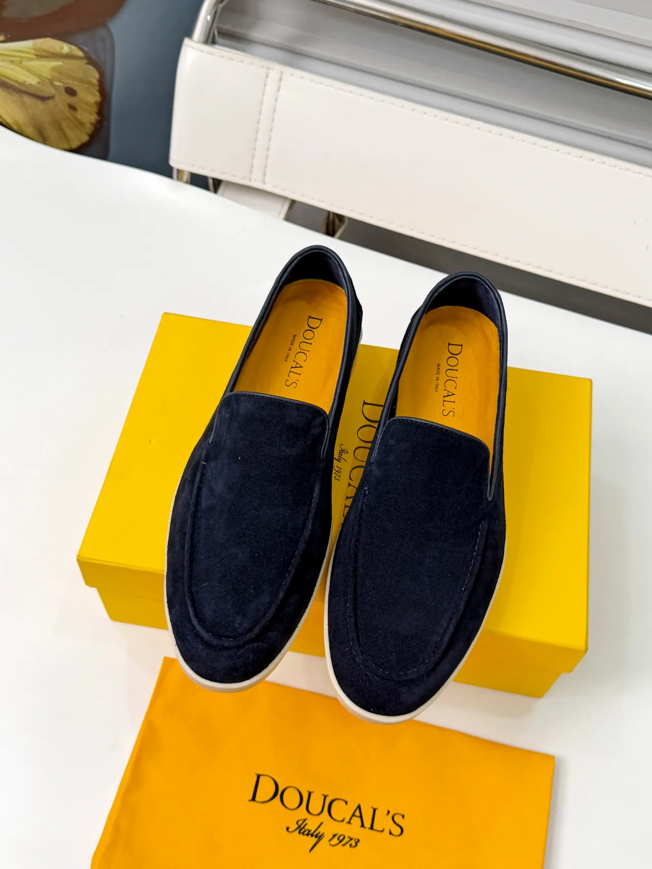 Navy Yellow Suede Upper Moc-Toe Stitching Loafer 5