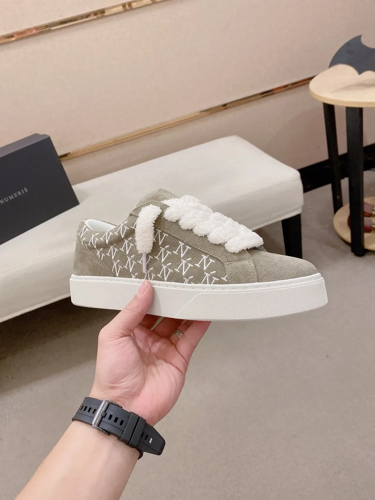 Olive Gray Suede Monogram Slip-On Platform Sneaker 4