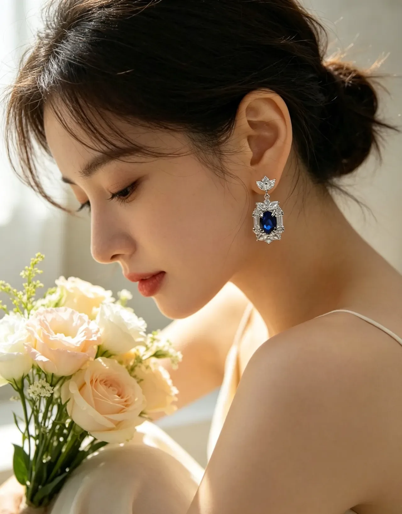Ornate Floral Motif Oval Blue Gemstone and Clear Stone Dangling Earrings 2
