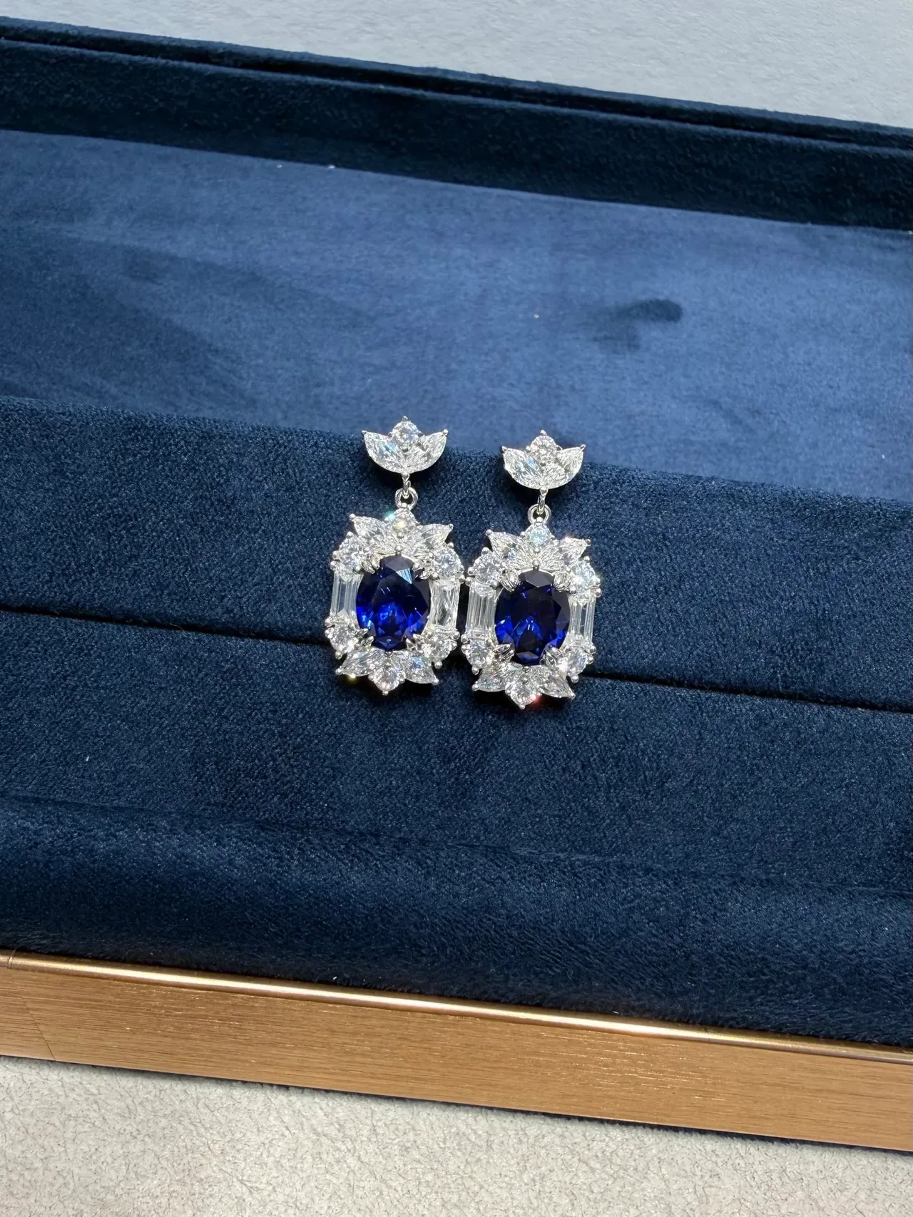 Ornate Floral Motif Oval Blue Gemstone and Clear Stone Dangling Earrings 9