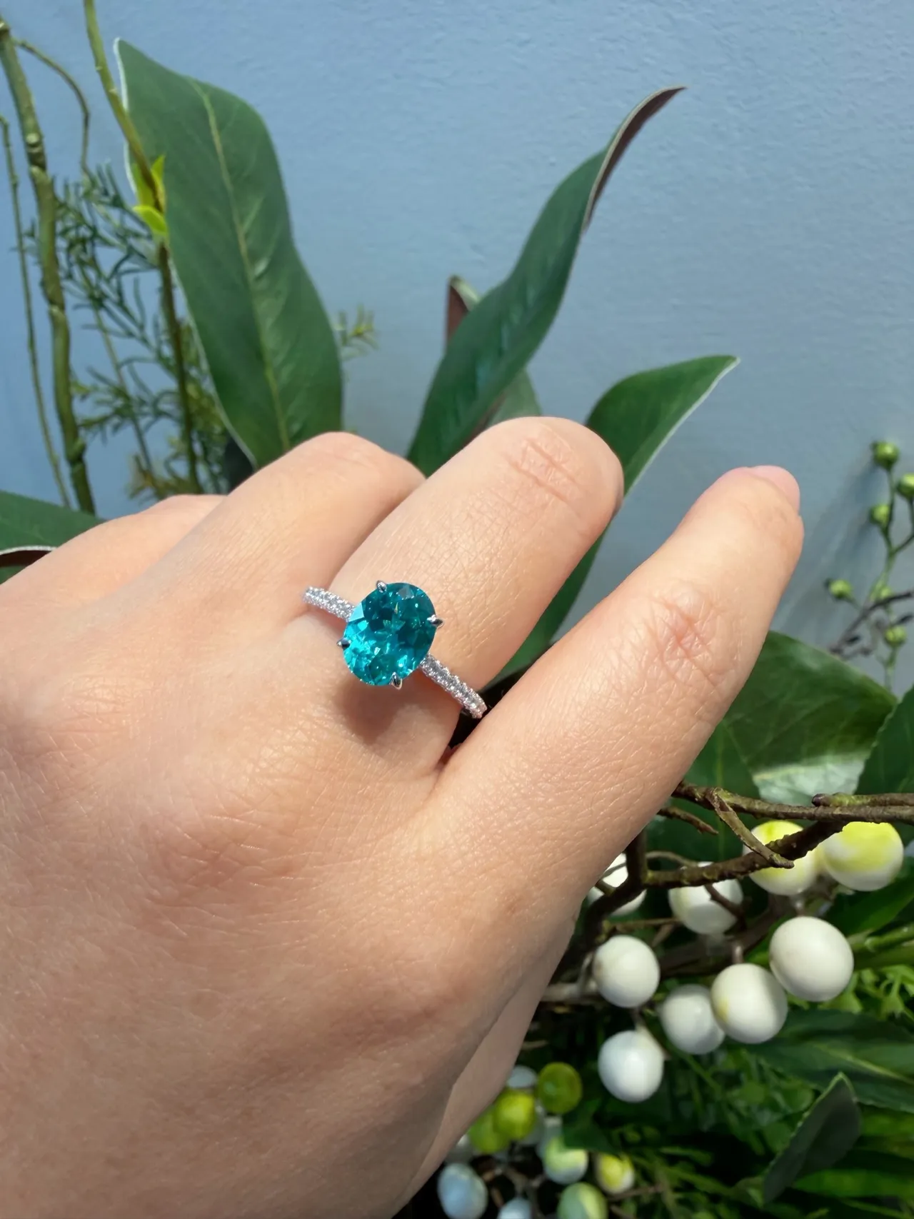 Oval Teal Gemstone Pavé Diamond Ring 3