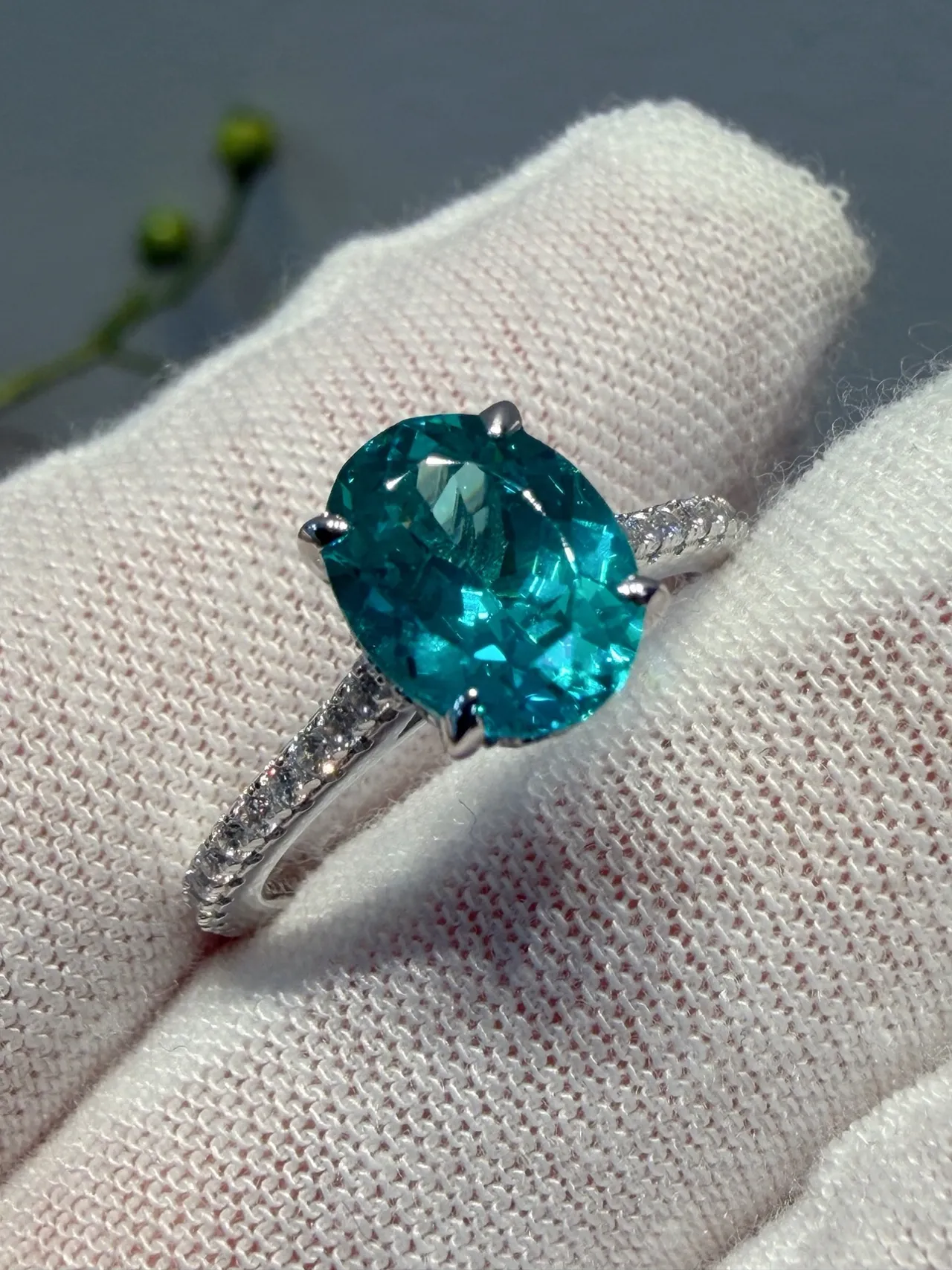 Oval Teal Gemstone Pavé Diamond Ring 4