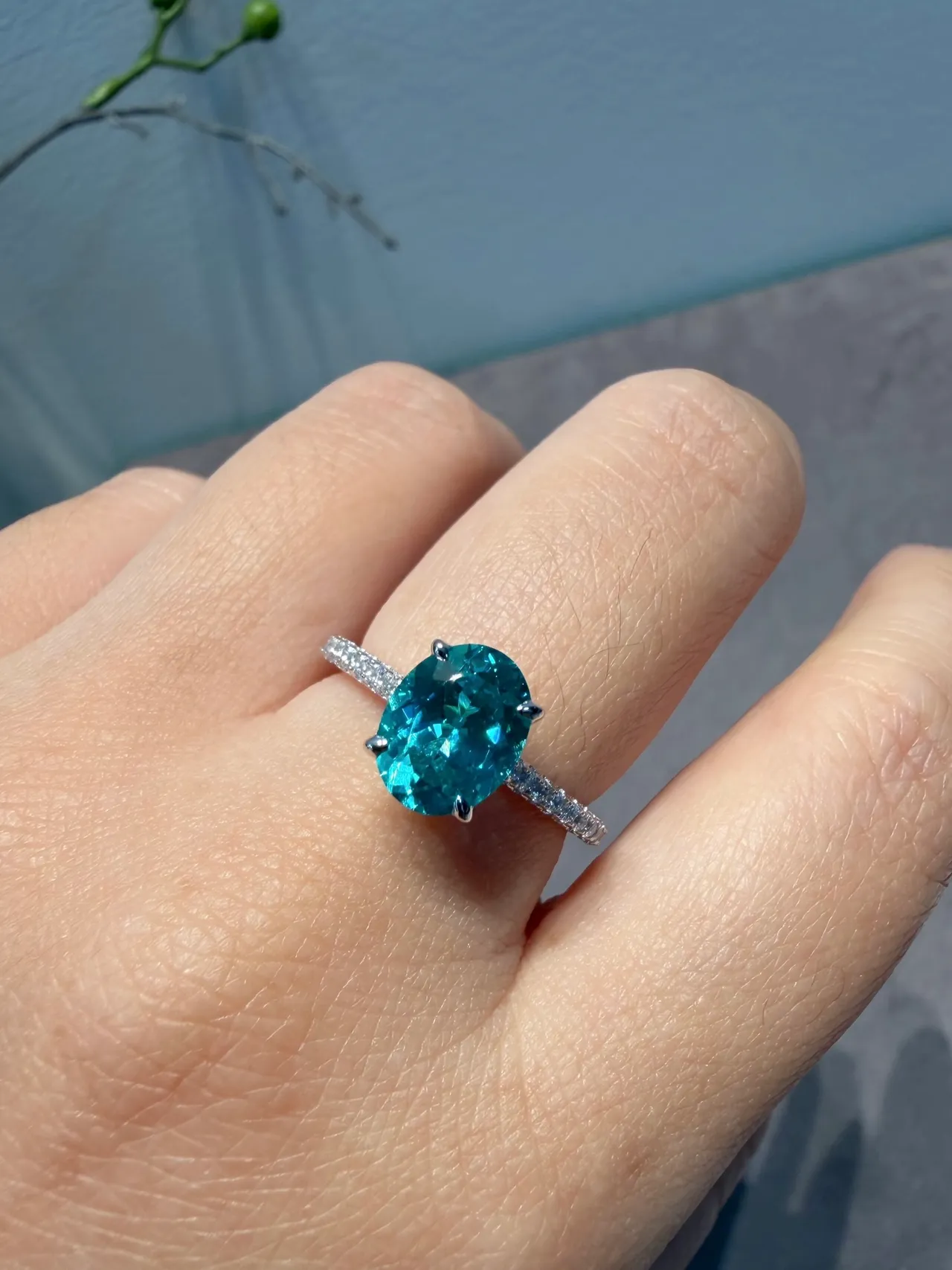 Oval Teal Gemstone Pavé Diamond Ring 8