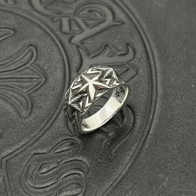 Oxidized Silver Star and Leaf Motif Wide Band Ring 6