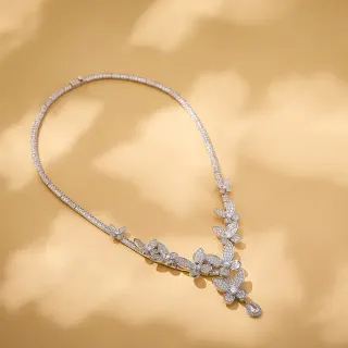 Pavé-Set Floral Motif V-Drop Necklace