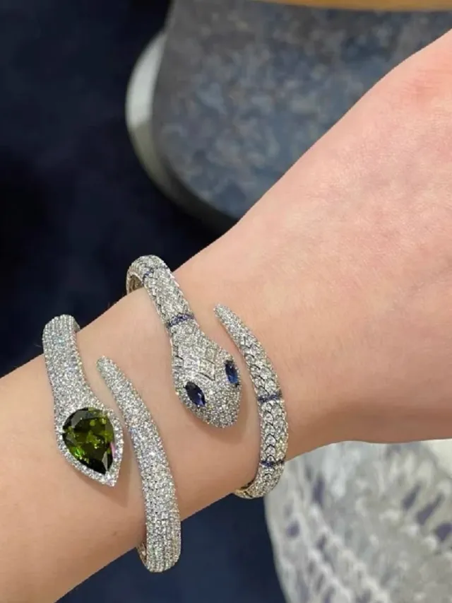 Pavé-Set Teardrop Gemstone Snake-Style Bangle Bracelet 2