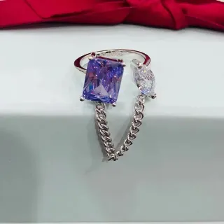 紫银不对称双石链连接戒指