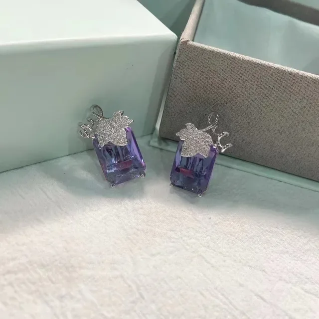 Purple Silver Faceted Square-Cut Stones Metal Earrings 6
