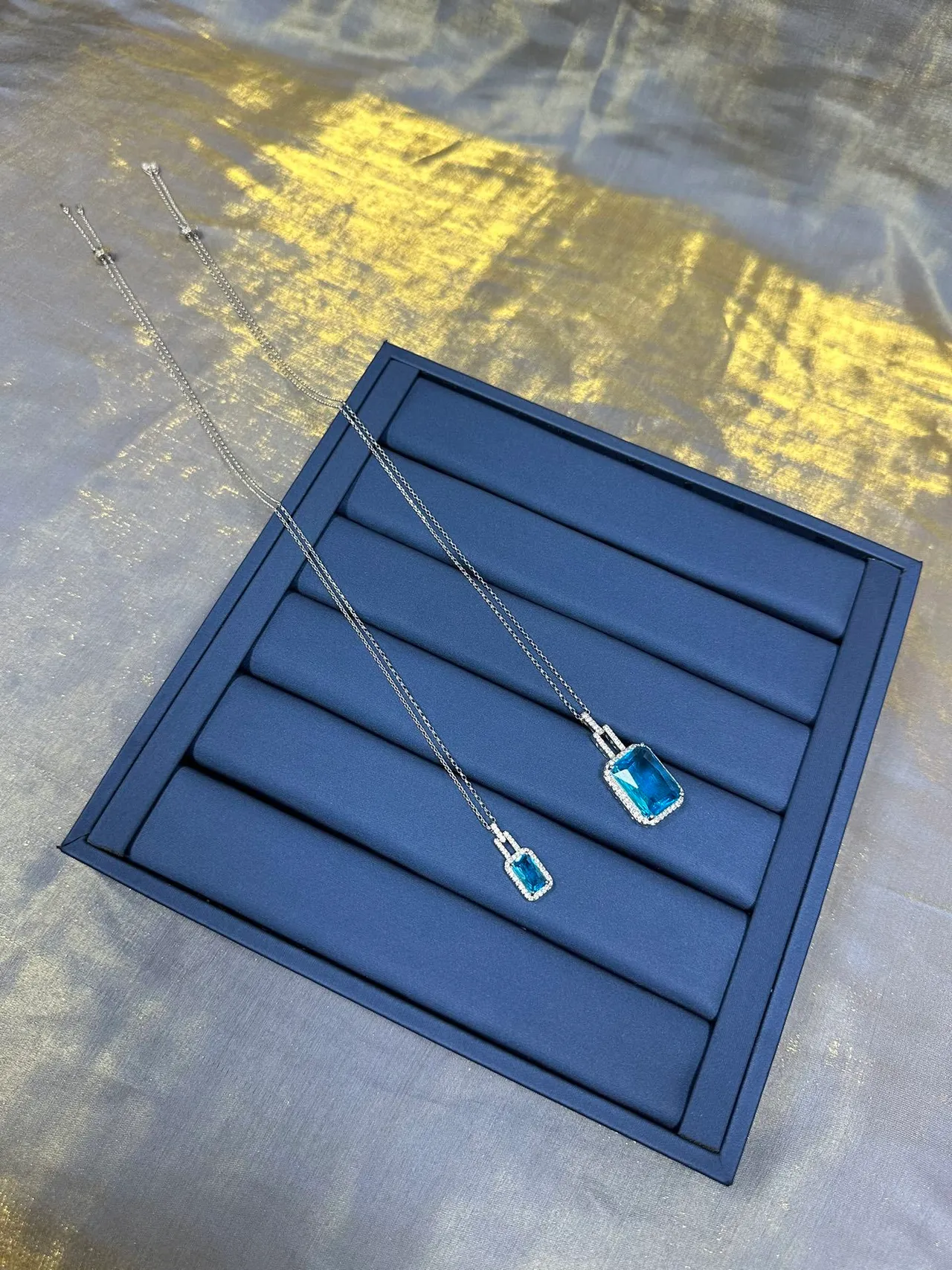 Rectangular Blue Gemstone Halo Pendant Necklace 5