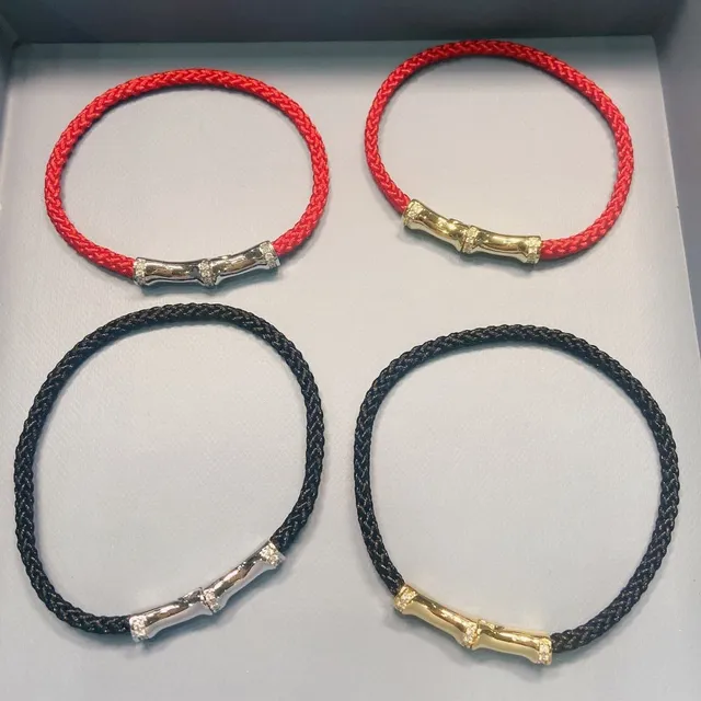 Red Braided Cord Bamboo-Clasp Stone-Embellished Bracelets 2