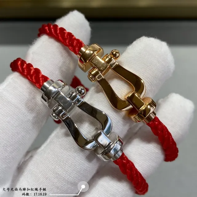 Red Gold Braided Cord Shackle-Style Metal Clasp Bracelet 9