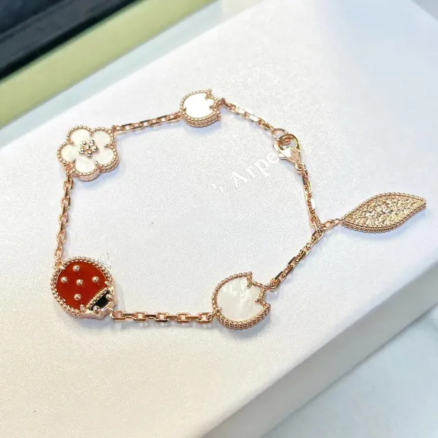 Red Gold Rose Chain Enamel Ladybug Charm Bracelet 7