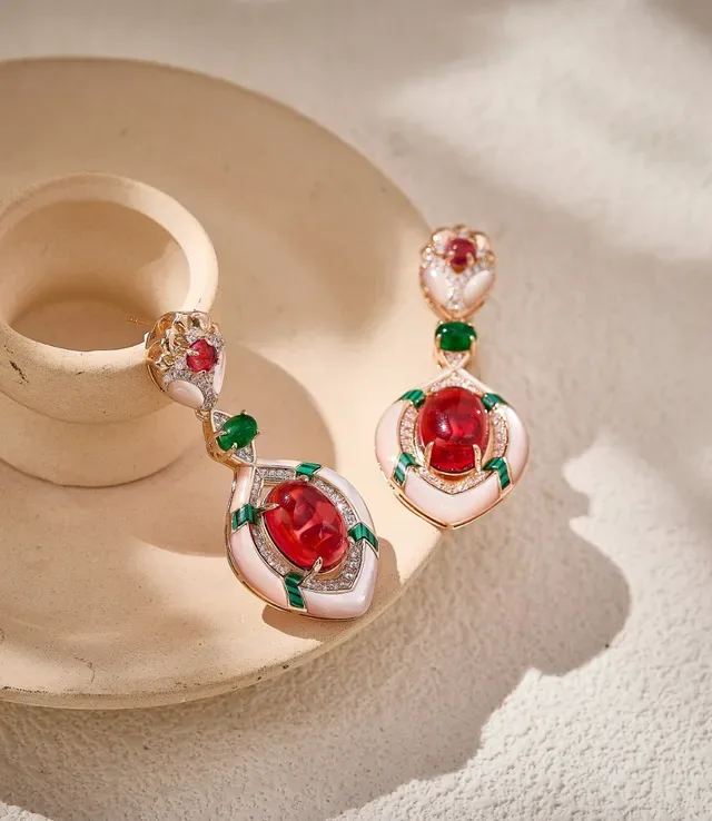 Red Green Drop Gemstone-Set Earrings 7