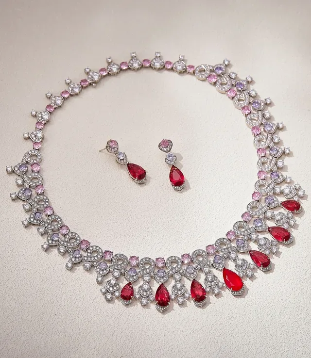 Red Pink Multi-Gemstone Pear-Drop Pendant Necklace 4