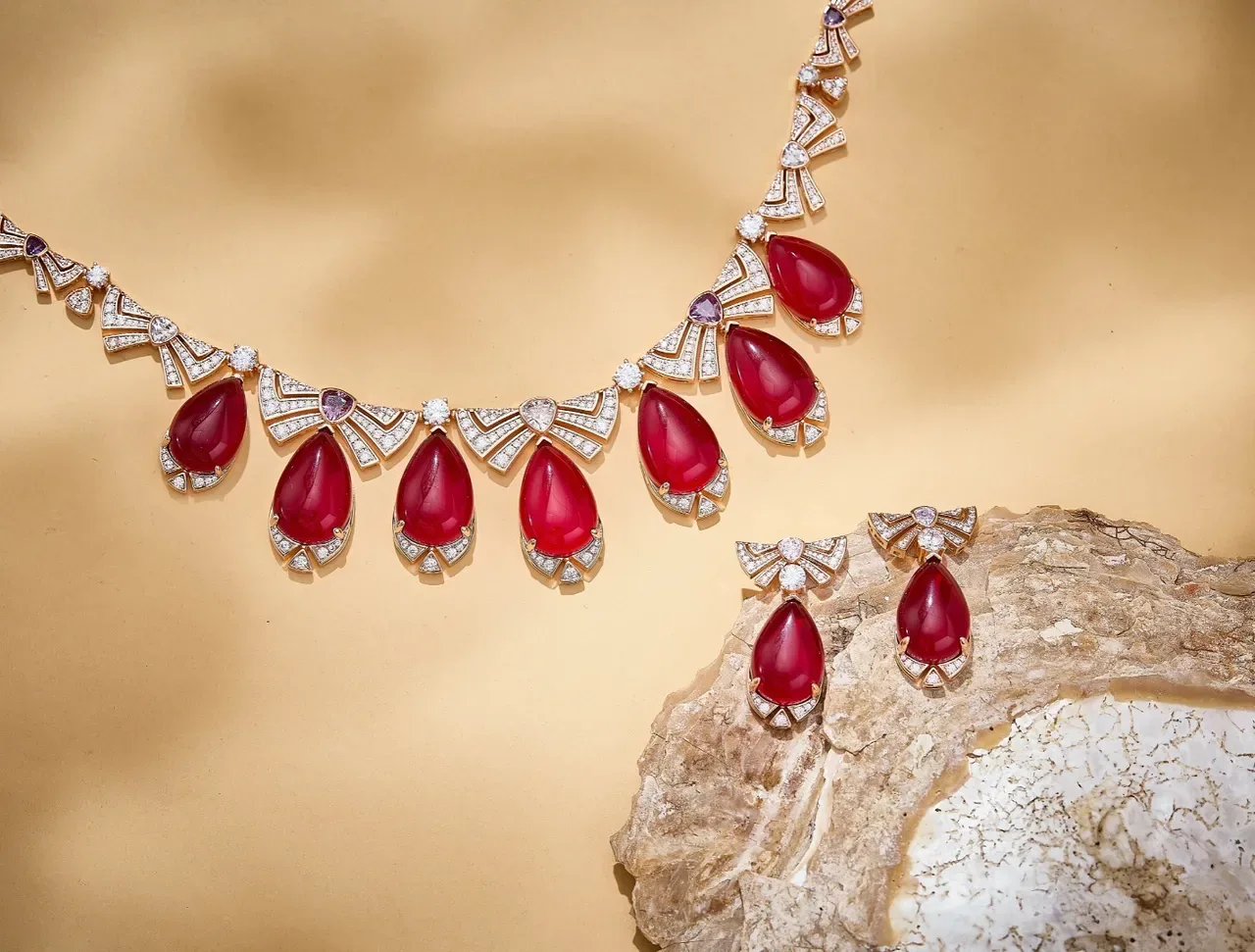 Red Teardrop Cabochon Pavé Diamond Bow Drop Earrings 3
