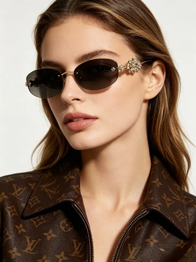 Rimless Oval Floral-Embellished Gradient Gray Sunglasses 3