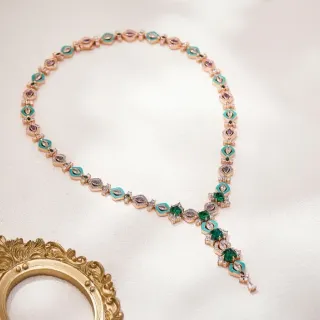 Collier Y-Drop en or rose turquoise et émeraude