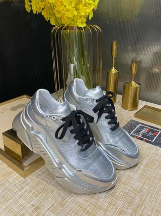 Silver Black Metallic Upper Layered Sole Chunky Sneakers 2