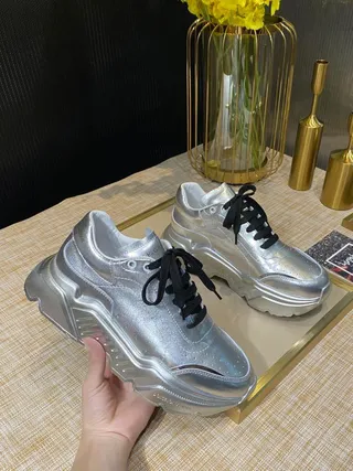 Silver Black Metallic Upper Layered Sole Chunky Sneakers 7