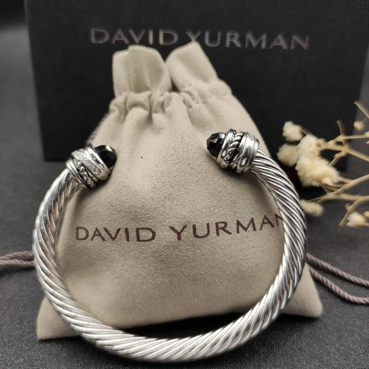 Silver Black Twisted Rope Cable Faceted Stone Terminals Bracelet 4