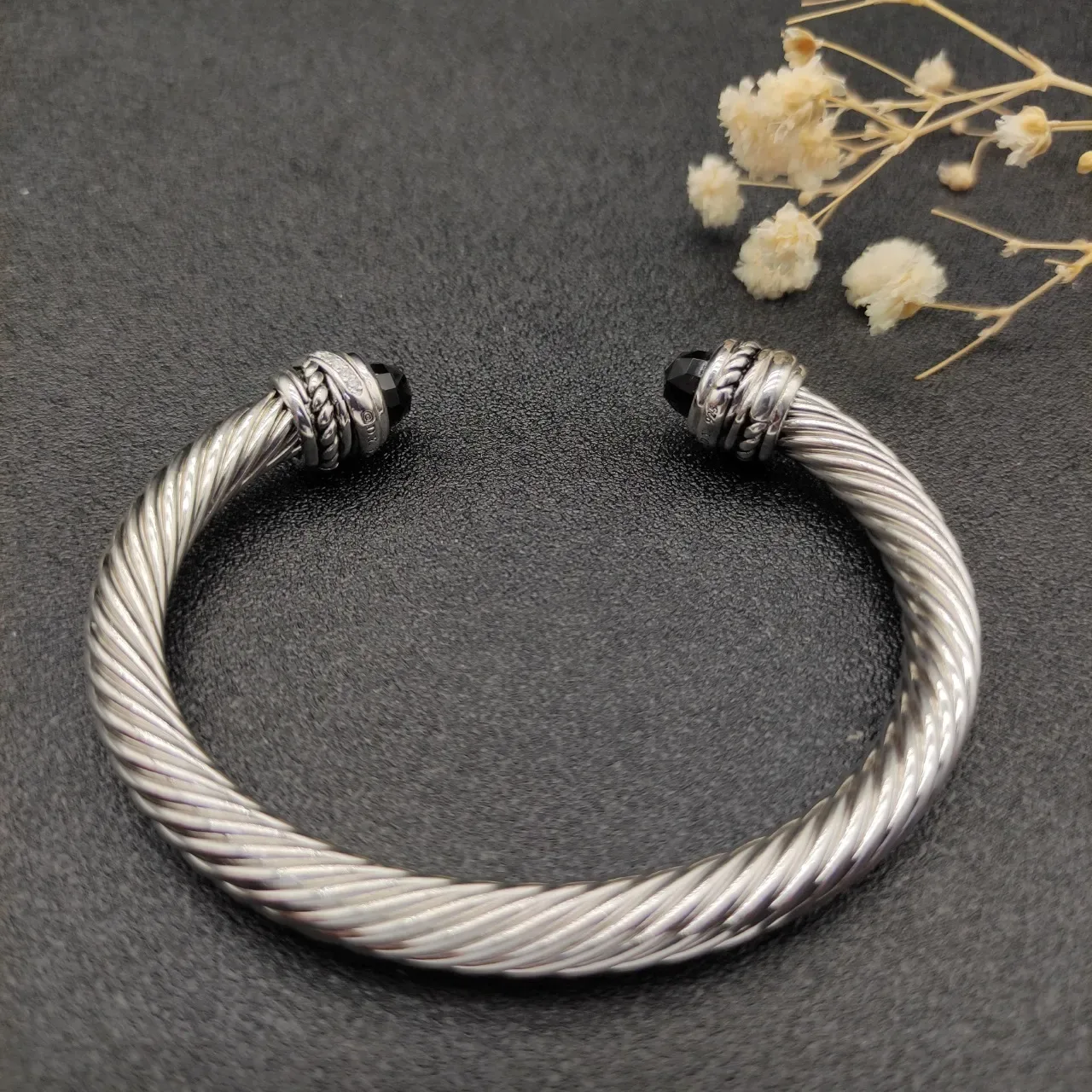 Silver Black Twisted Rope Cable Faceted Stone Terminals Bracelet 7