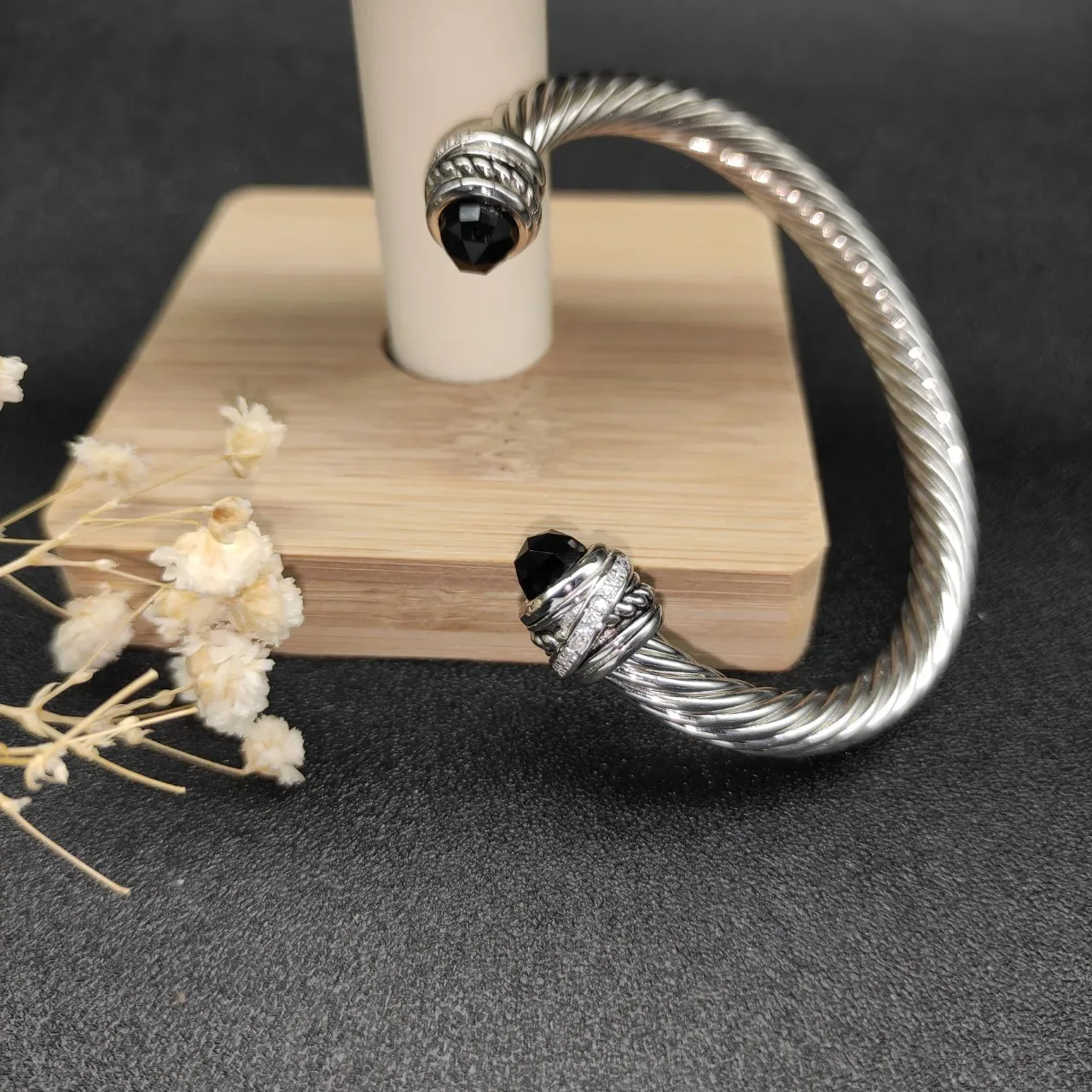 Silver Black Twisted Rope Cable Faceted Stone Terminals Bracelet 8