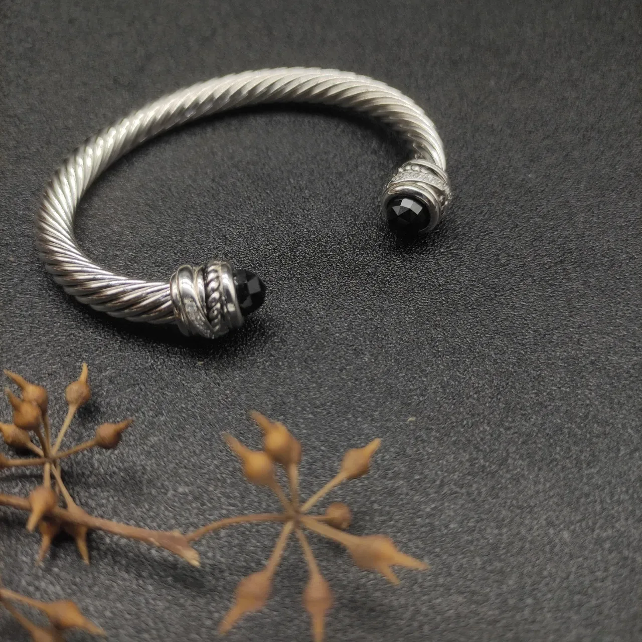 Silver Black Twisted Rope Cable Faceted Stone Terminals Bracelet 9