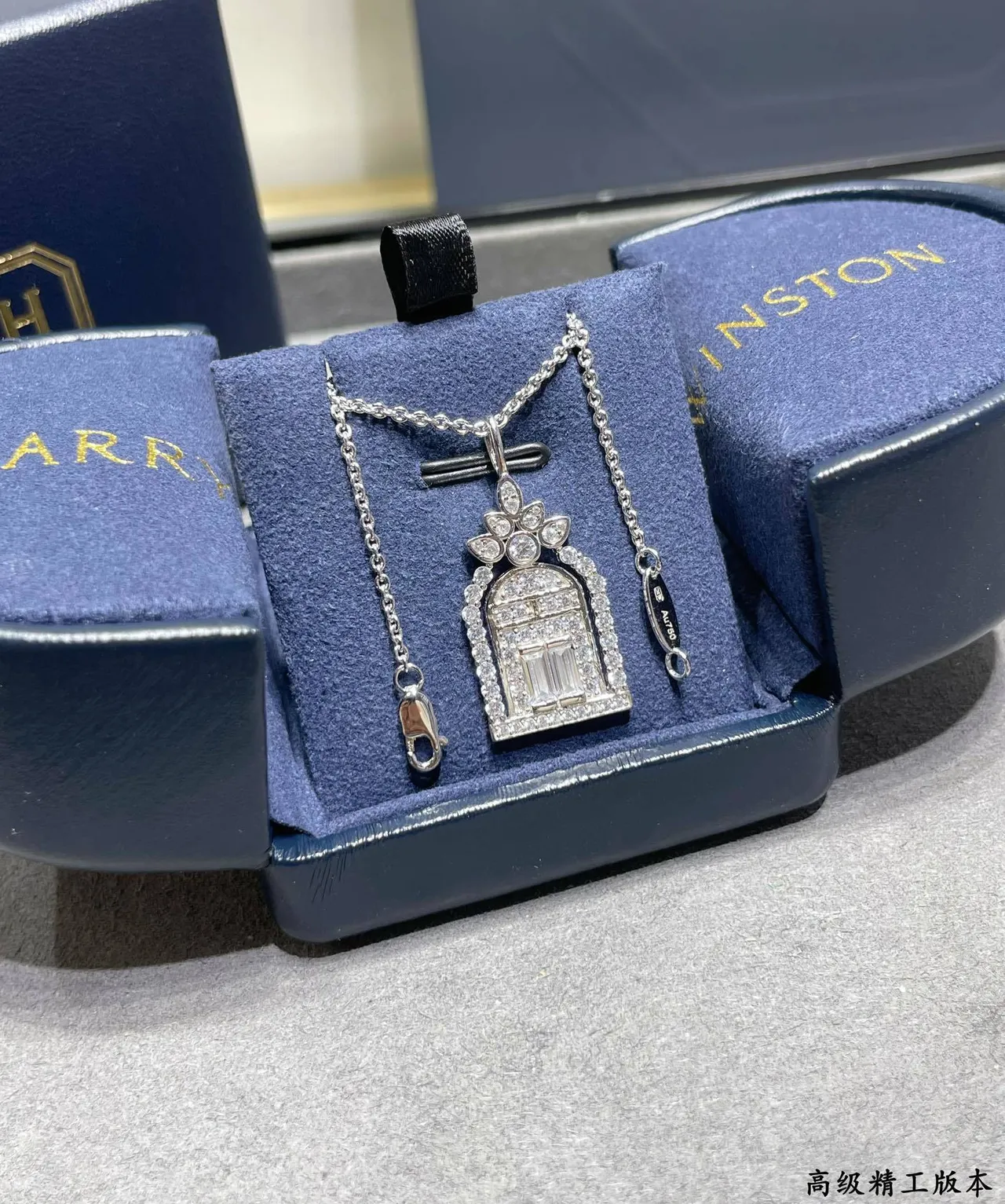 Silver Blue Architectural Pendant Pavé-Set Clear Stones Necklace 7