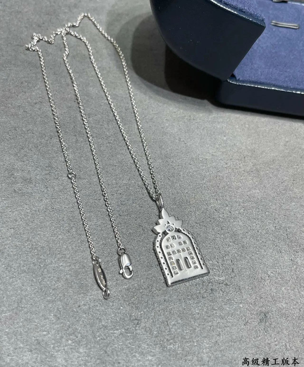 Silver Blue Architectural Pendant Pavé-Set Clear Stones Necklace 2