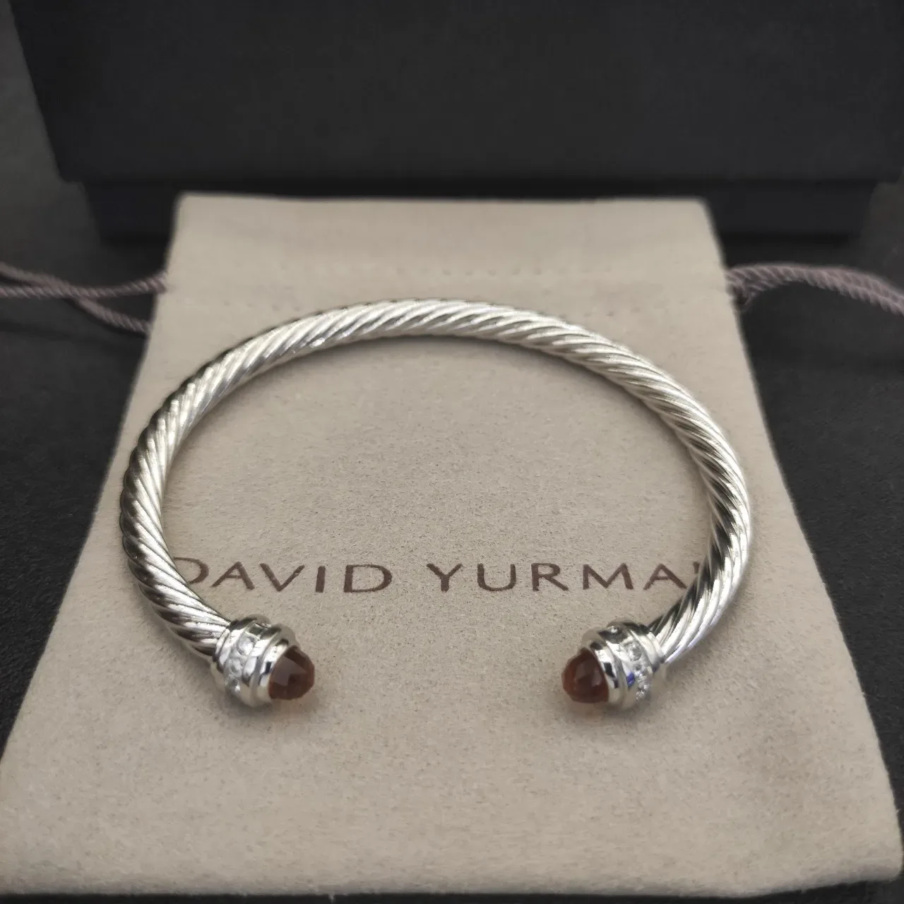 Silver Brown Twisted Cable Metal Faceted Amber Gemstone Terminals Bracelet 5