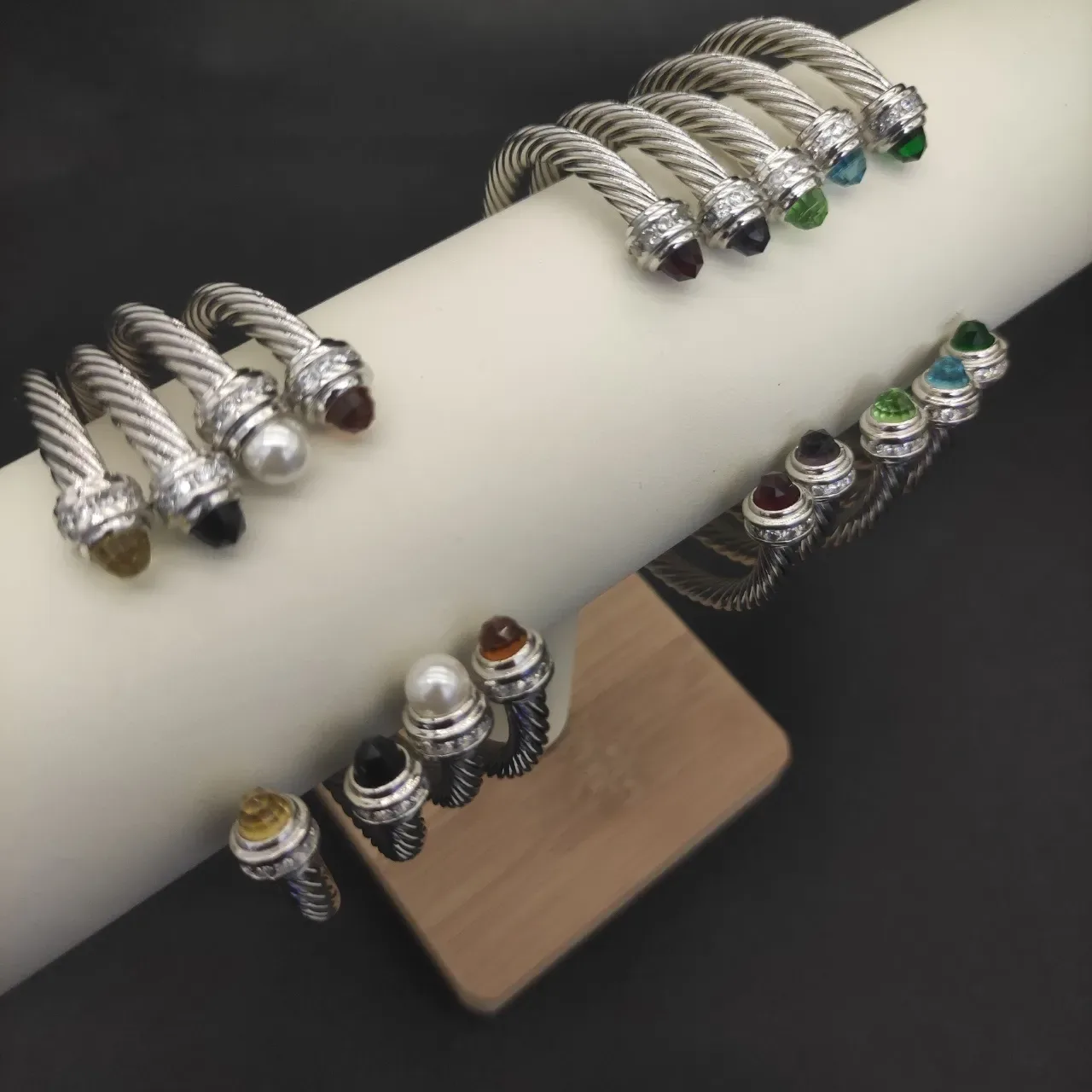 Silver Brown Twisted Cable Metal Faceted Amber Gemstone Terminals Bracelet 6