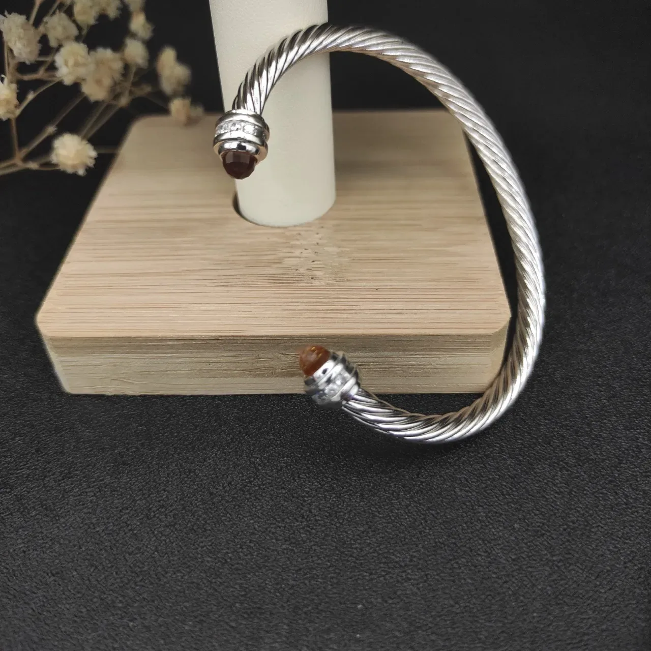 Silver Brown Twisted Cable Metal Faceted Amber Gemstone Terminals Bracelet 7