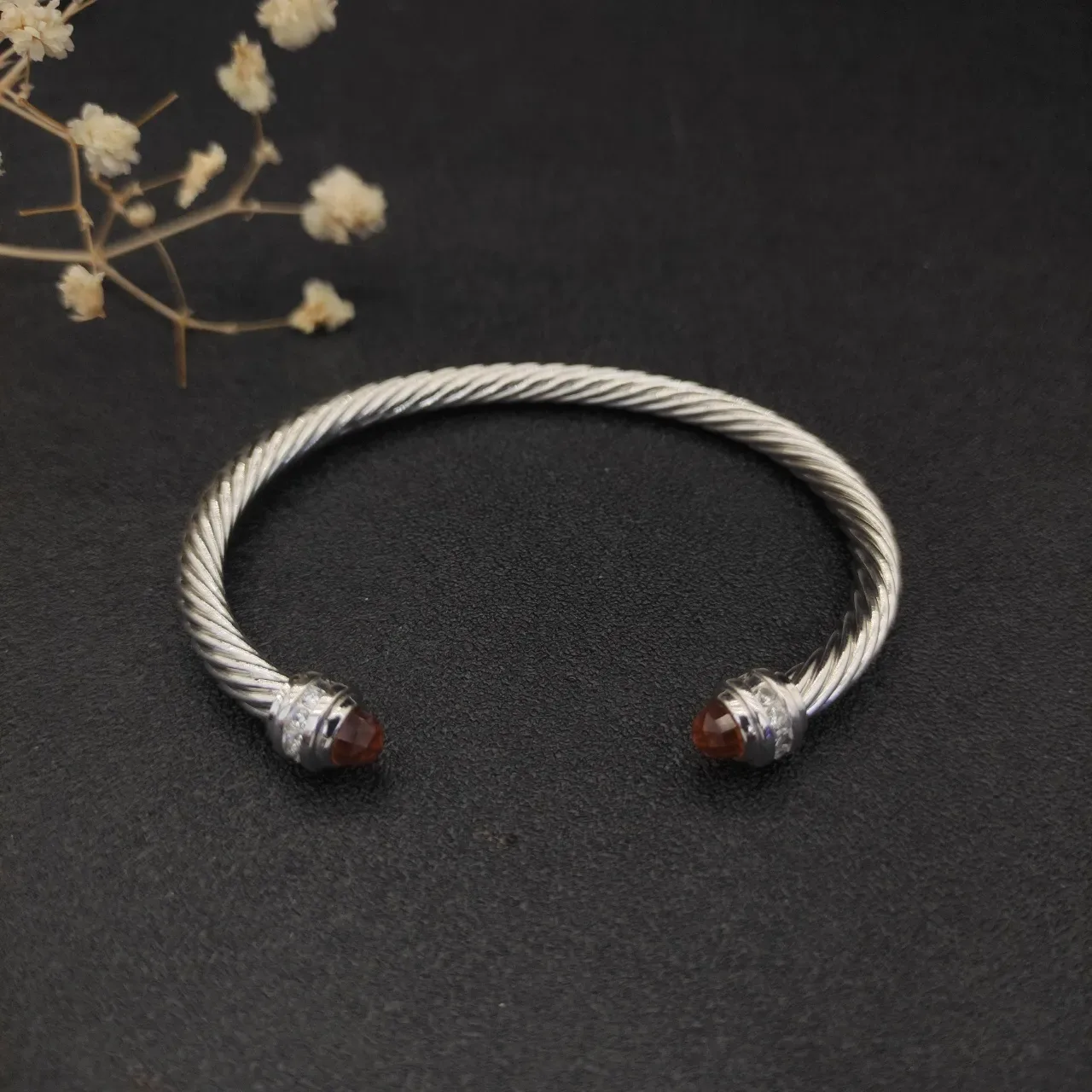Silver Brown Twisted Cable Metal Faceted Amber Gemstone Terminals Bracelet 8