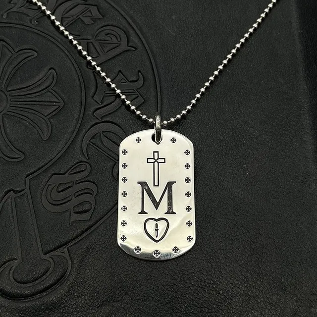 Silver Engraved Cross M Heart Dog Tag Necklace 1