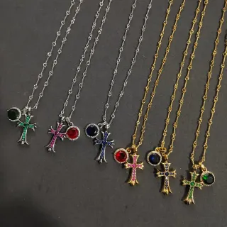 Collier Argent Or Croix Pendentif Gemme Facetee Ronde