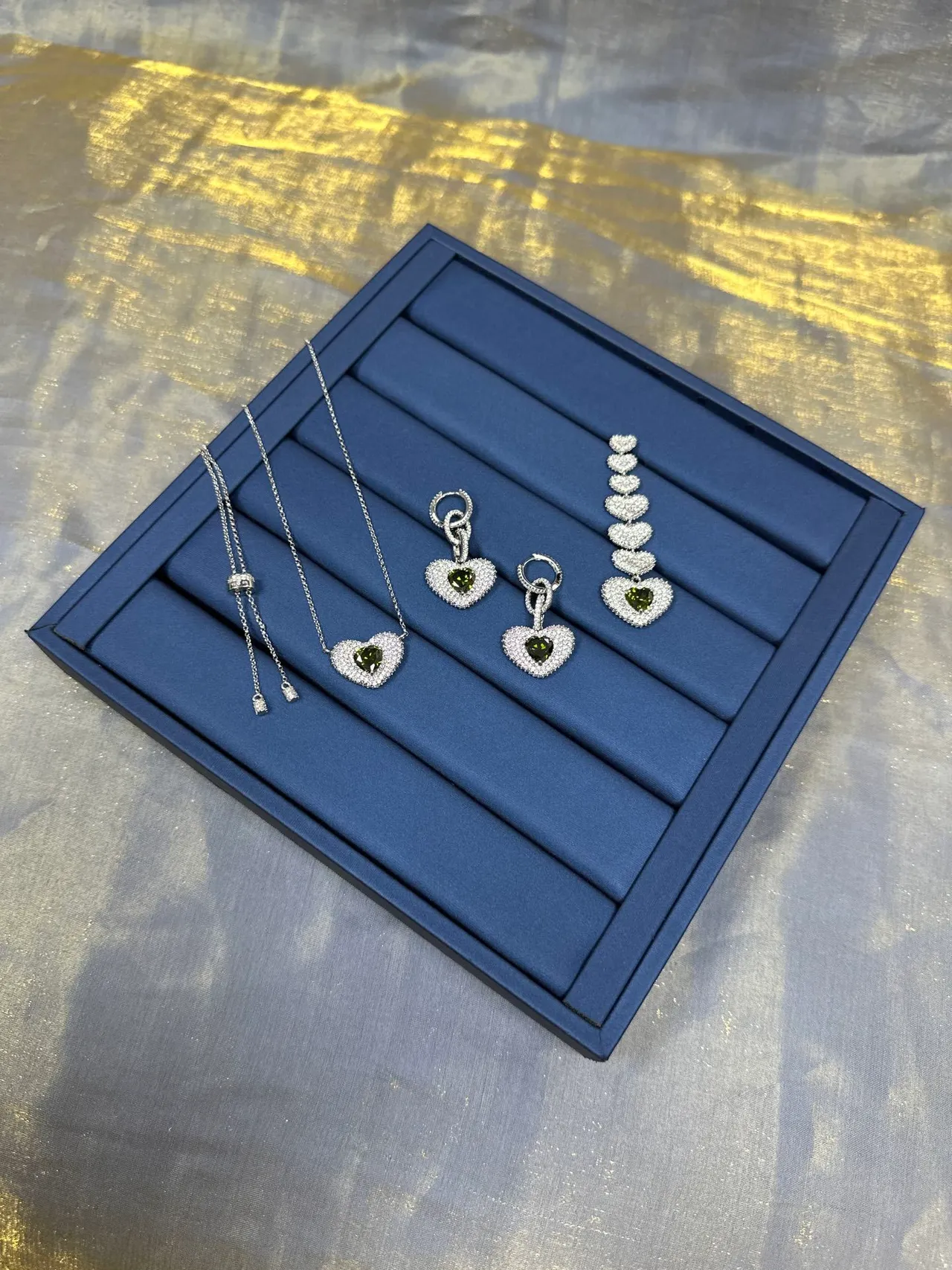 Silver Green Multi-Heart Cascade Pavé-Set Earrings 7