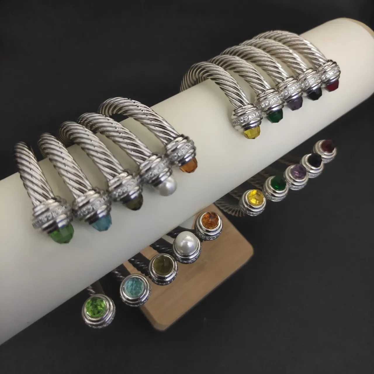Silver Green Twisted Cable Metal Faceted Gemstone Terminals Bracelet 5