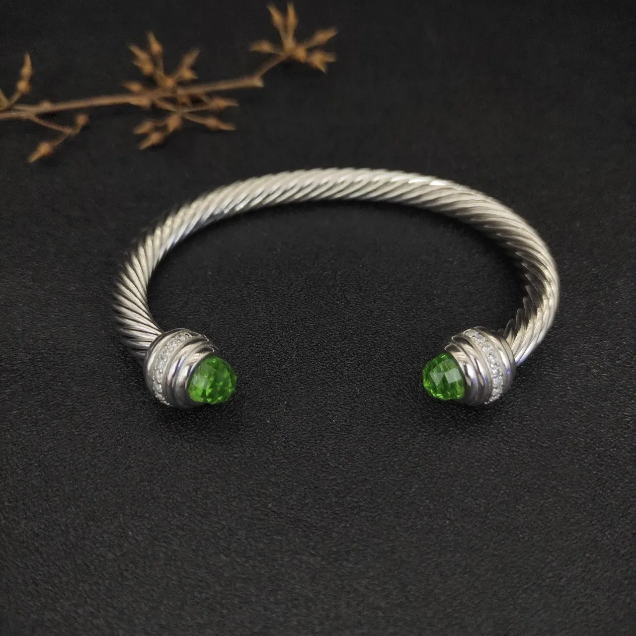 Silver Green Twisted Cable Metal Faceted Gemstone Terminals Bracelet 9