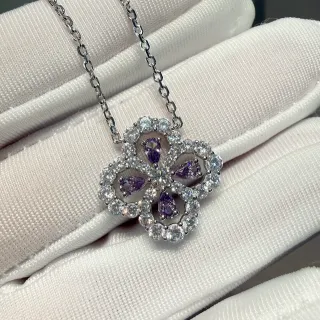 Collier Argent Violet Floral Quatrefoil Pendentif Pierres précieuses Forme Poire