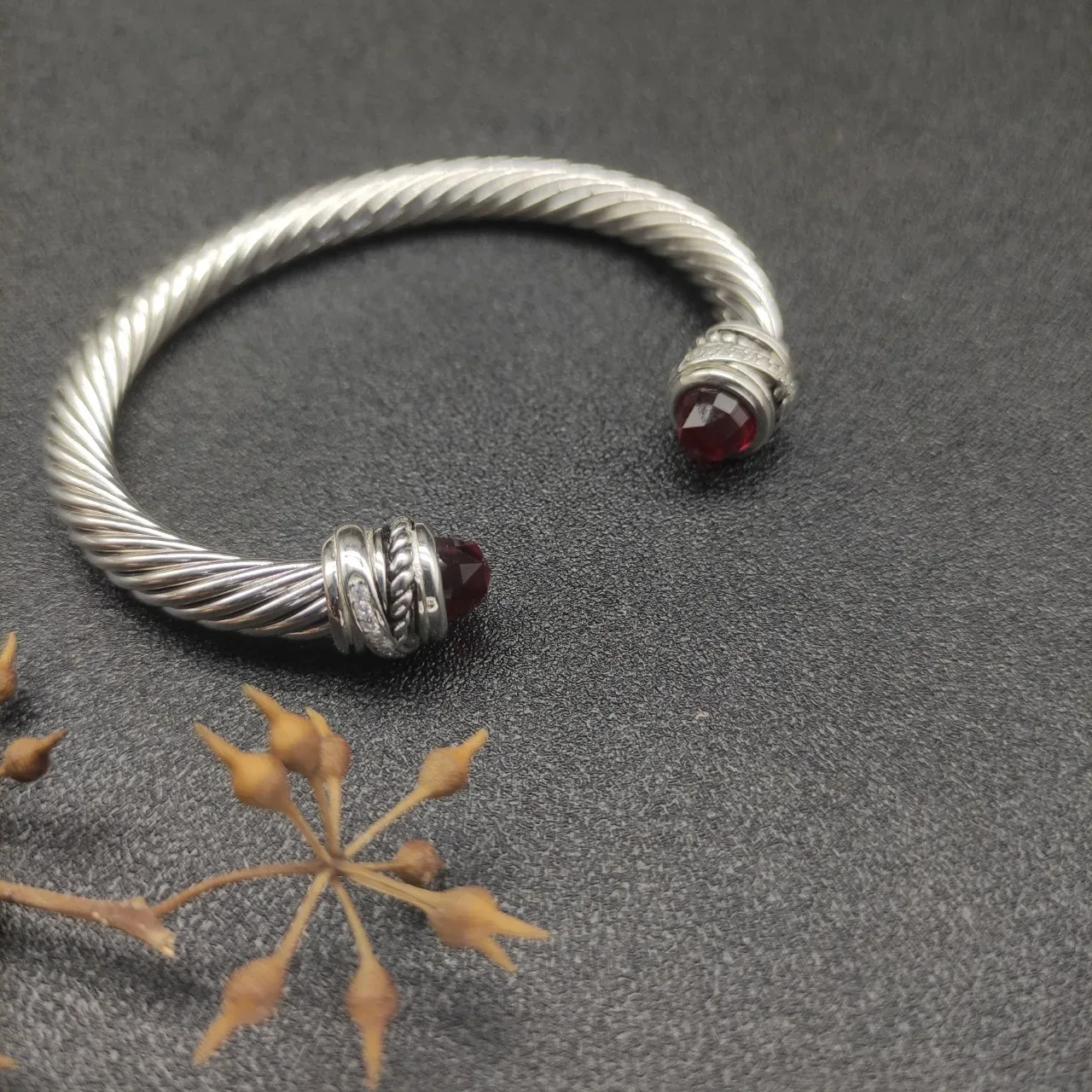 Silver Red Twisted Cable Construction Faceted Gemstone Terminals Bracelet 9