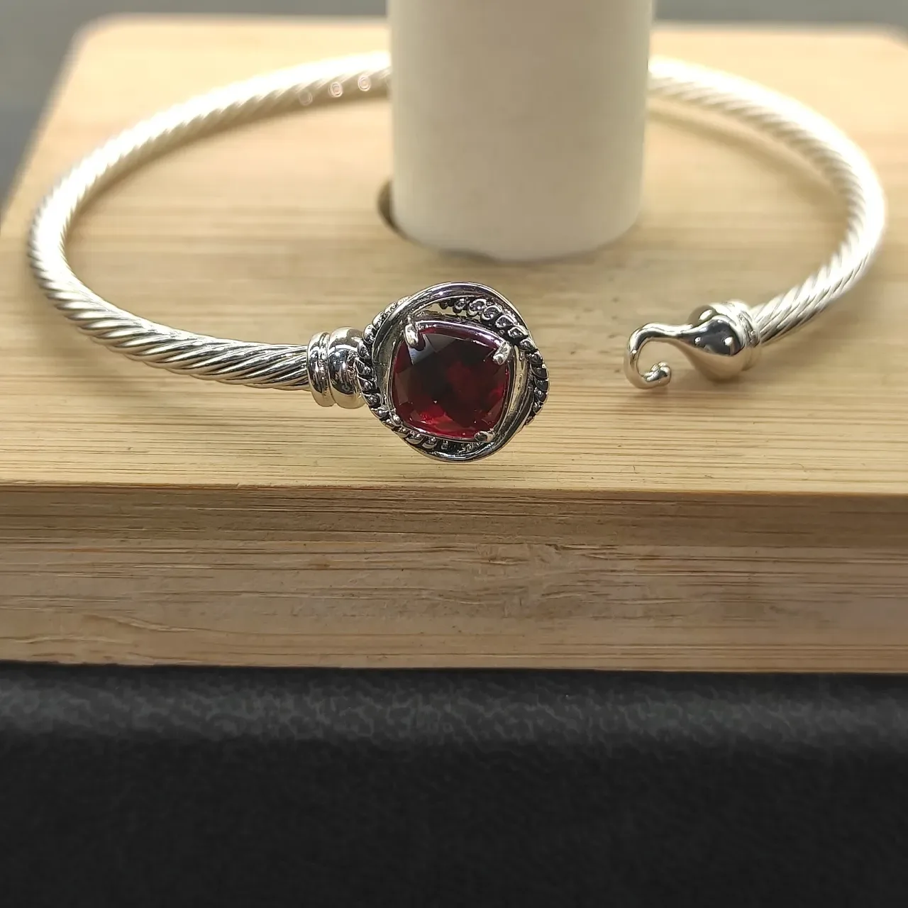 Silver Red Twisted Cable Wire Open Cuff Bracelet 6