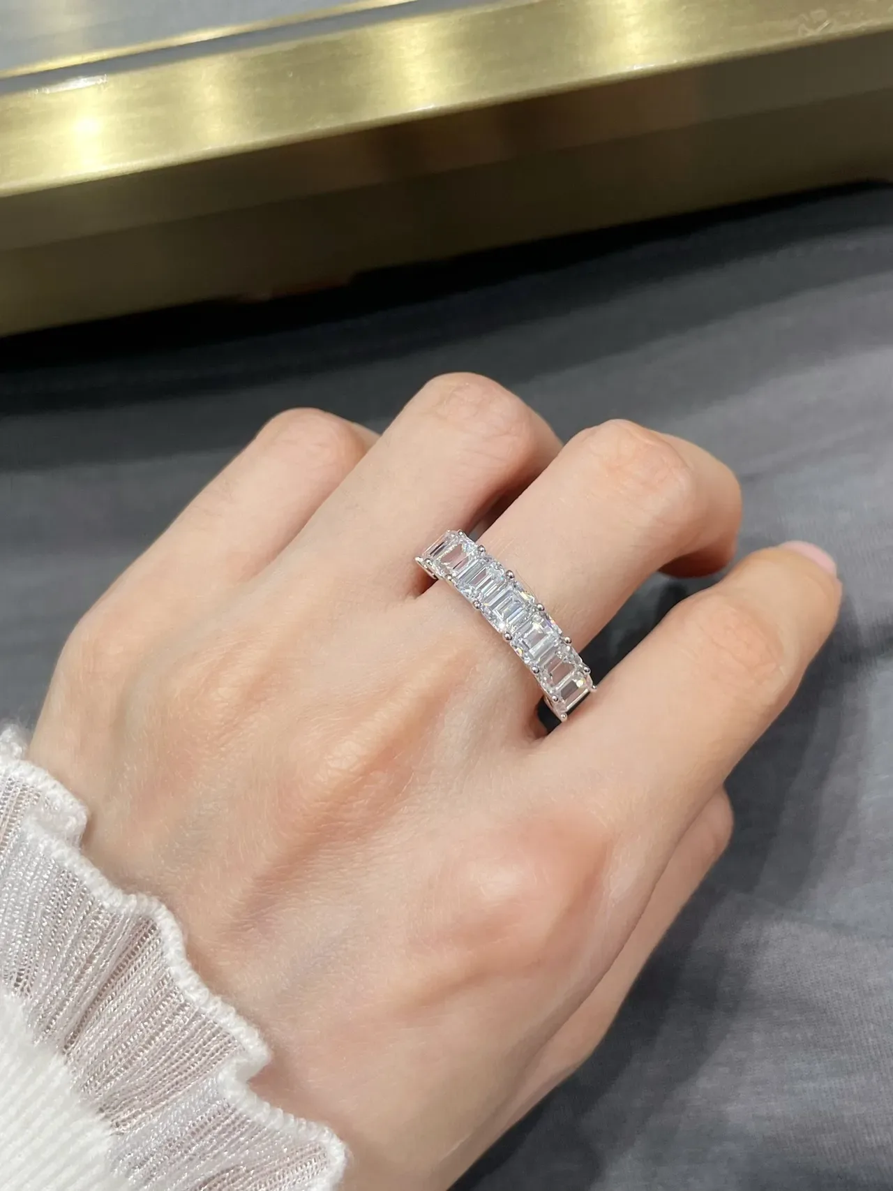 Silver White Emerald-Cut Channel-Set Stones Full Eternity Band Ring 8
