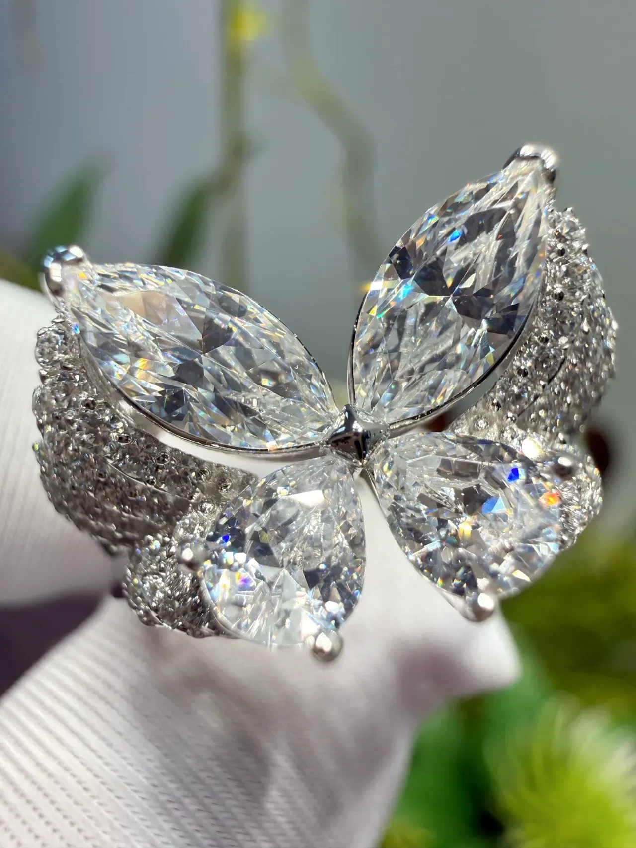 Silver White Multi-Stone Cluster Marquise-Cut Center Ring 5