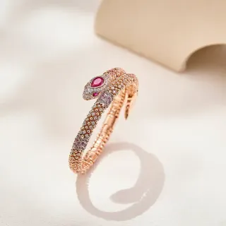 Snake Motif Pavé Gemstone Rose Gold Bangle Bracelet