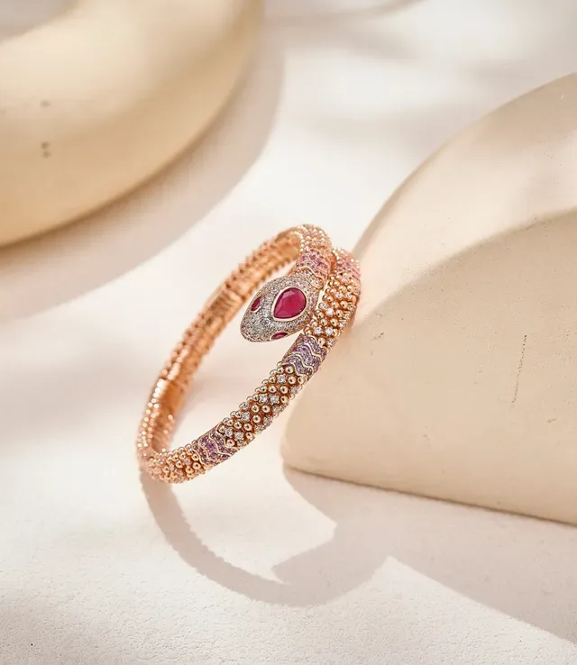 Snake Motif Pavé Gemstone Rose Gold Bangle Bracelet 2