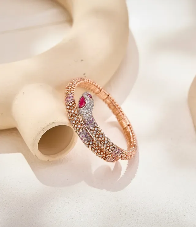 Snake Motif Pavé Gemstone Rose Gold Bangle Bracelet 3