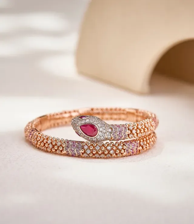 Snake Motif Pavé Gemstone Rose Gold Bangle Bracelet 5